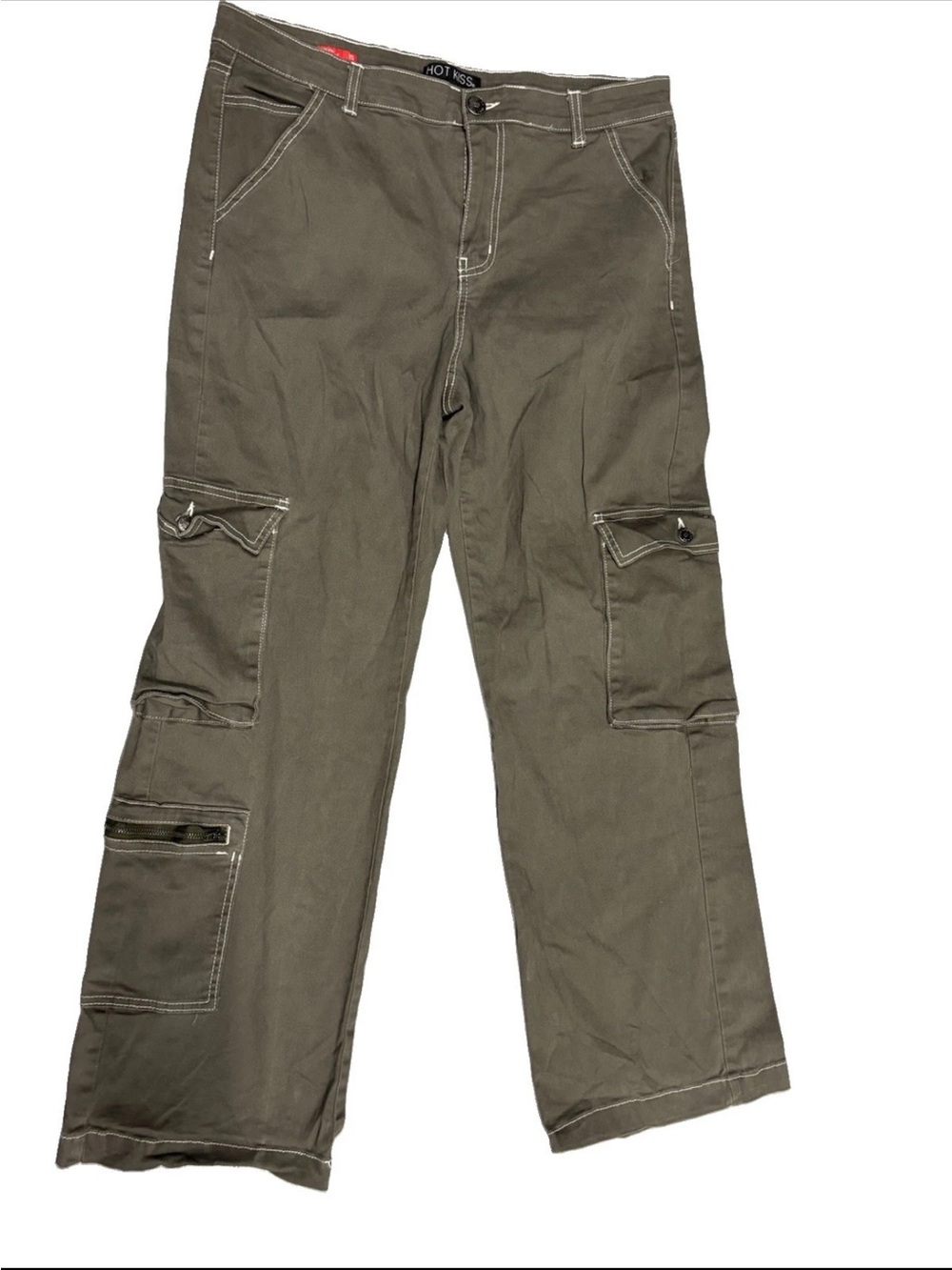 Hot Kiss Y2K Green Cargo Pants Contrast Stitching Grunge Utility Skater JR. 15